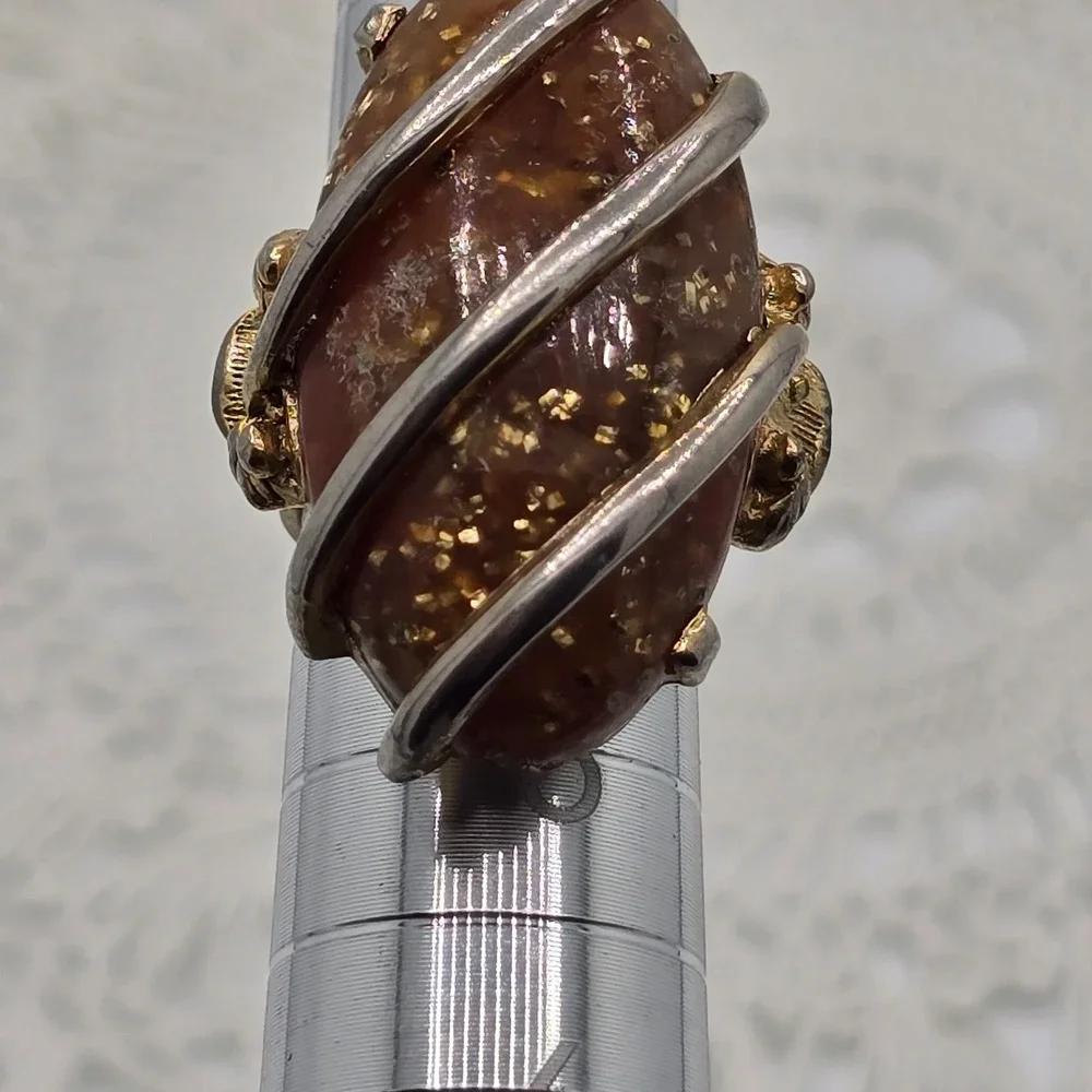 Vintage Wire Wrapped Amber Color  Abstract Statement Ring Size 4 Adjustable